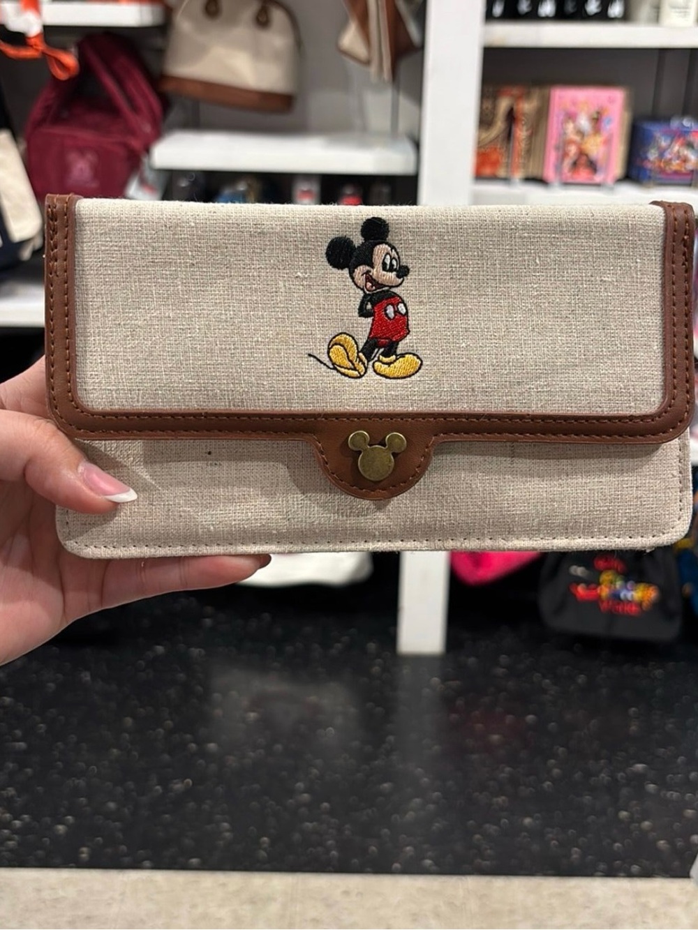 Brown Tan Canvas Mickey Mouse Crossbody Bag or Wallet Embroidered